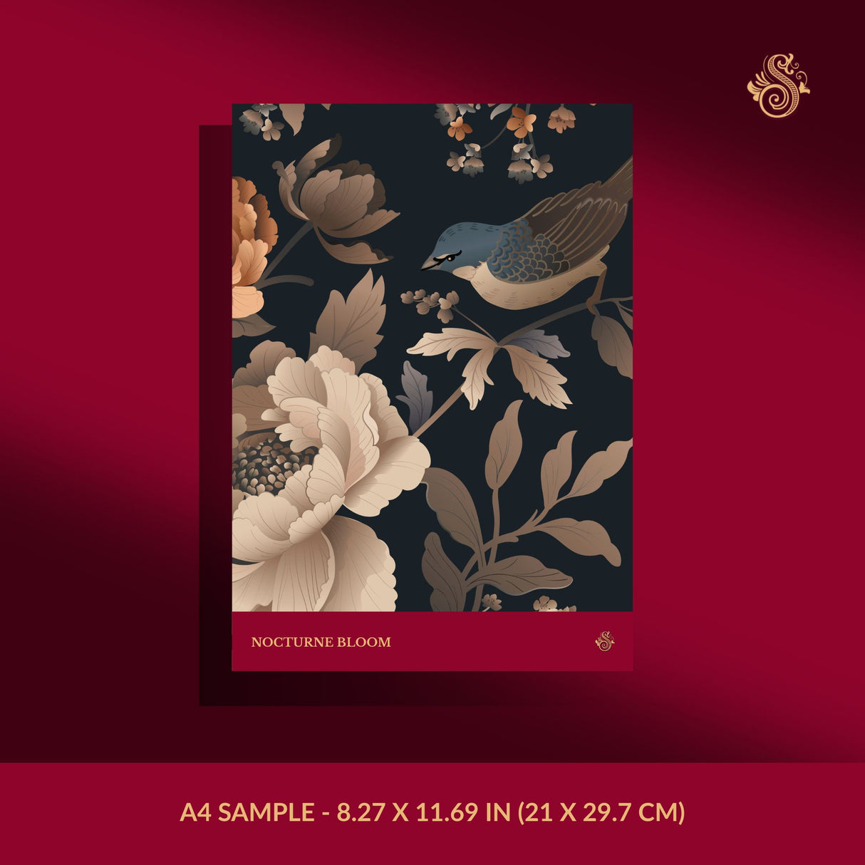 Nocturne Bloom | Dark Floral Moody Bird Wallpaper Wallpaper Sckribbles Signature - Premium Non-Woven A4 Sample - 8.27 × 11.69 in (21 × 29.7 cm)