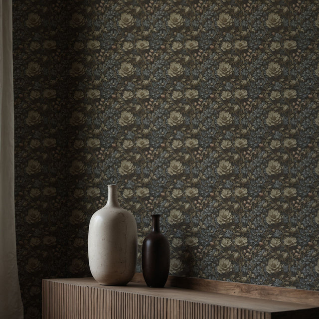 Woven Garden | Muted Moody Botanical Dark Floral Wallpaper Wallpaper Sckribbles