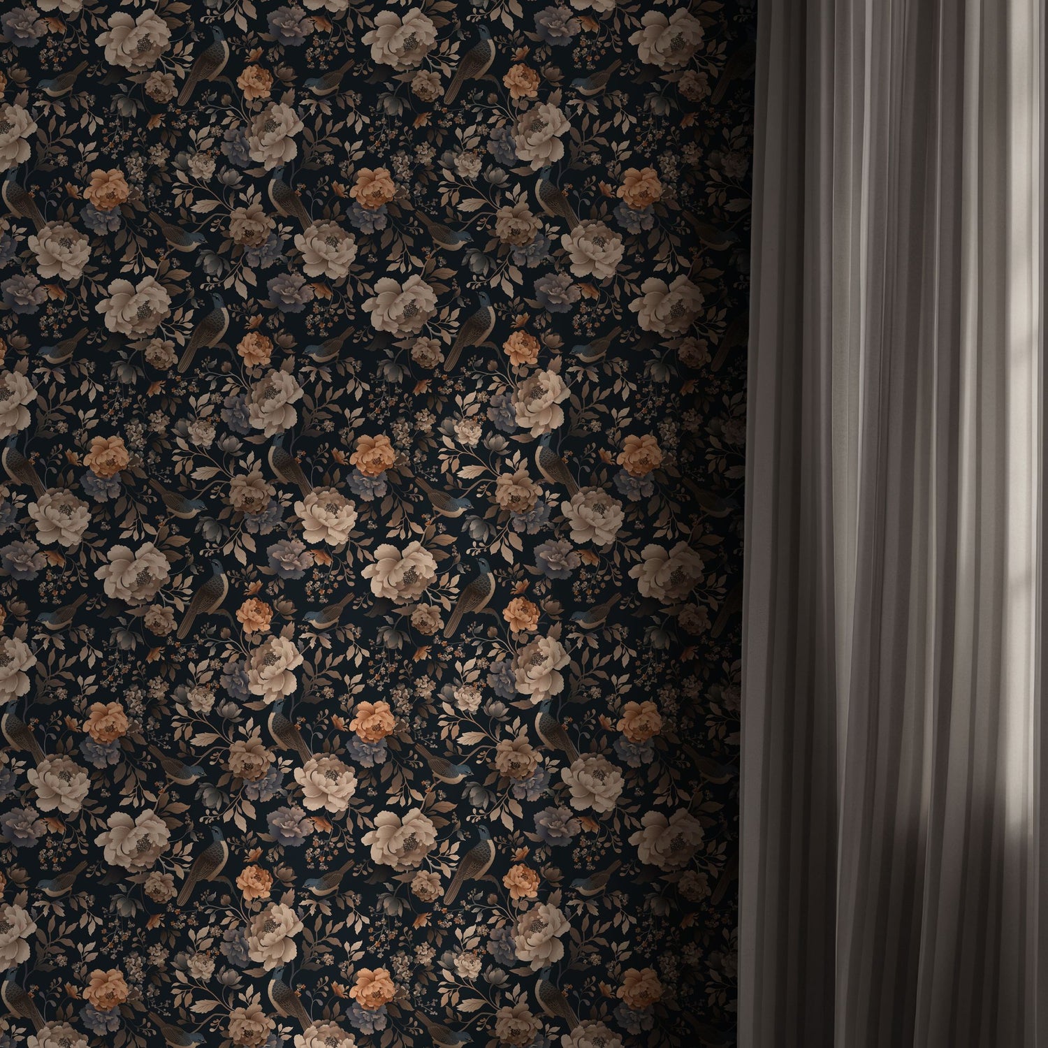 Nocturne Bloom | Dark Floral Moody Bird Wallpaper Wallpaper Sckribbles