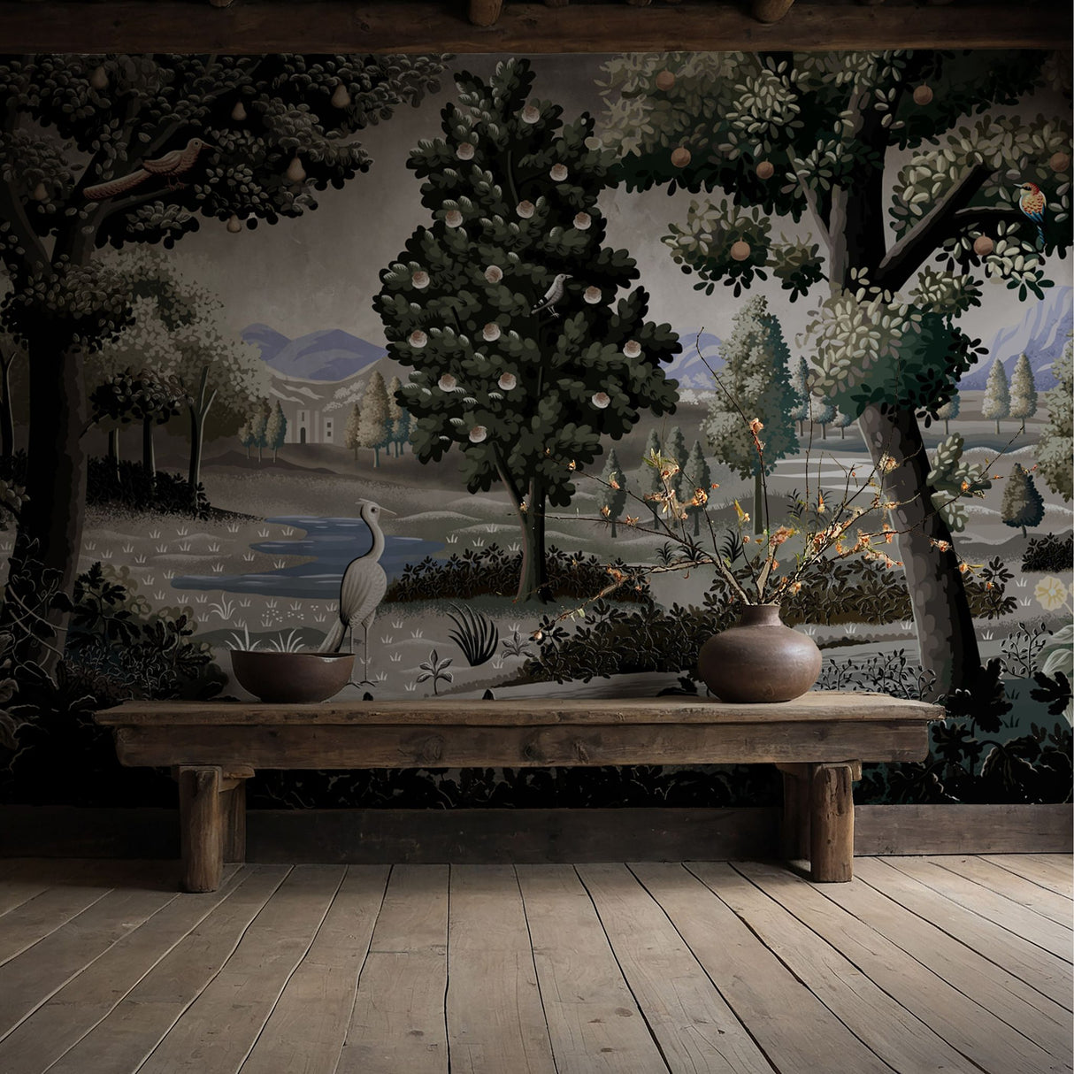 Wild Orchard | Moody Scenic Fruit Trees Landscape Wallpaper Mural Wallpaper Mural Sckribbles