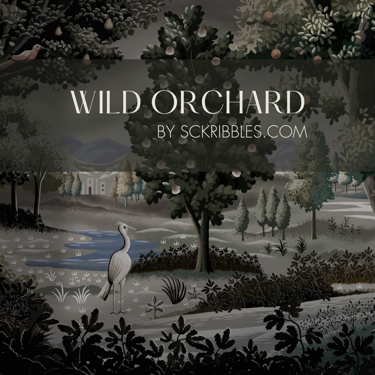Wild Orchard | Moody Scenic Fruit Trees Landscape Wallpaper Mural Wallpaper Mural Sckribbles