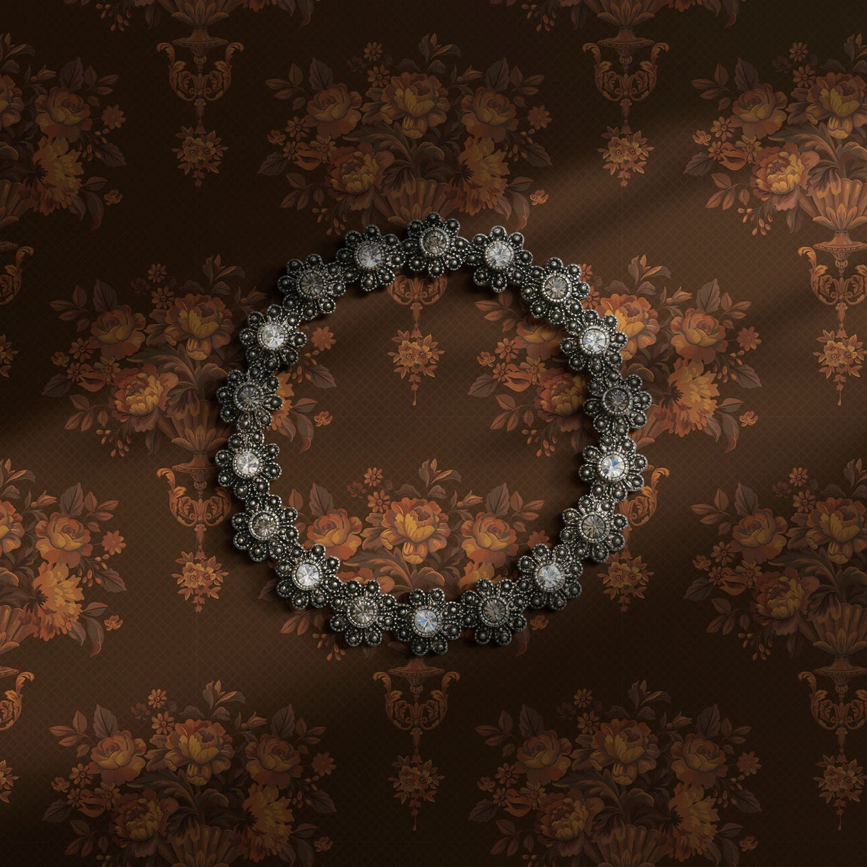 Moody warm brown floral wallpaper.