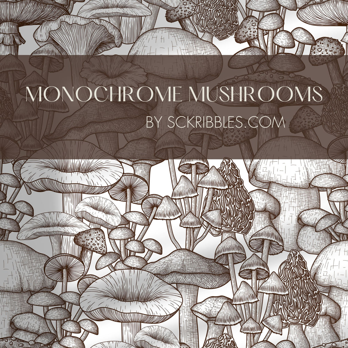 Monochrome Mushrooms | Fun Brown & White Graphic Fungi Wallpaper Wallpaper Sckribbles