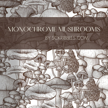 Monochrome Mushrooms | Fun Brown & White Graphic Fungi Wallpaper Wallpaper Sckribbles