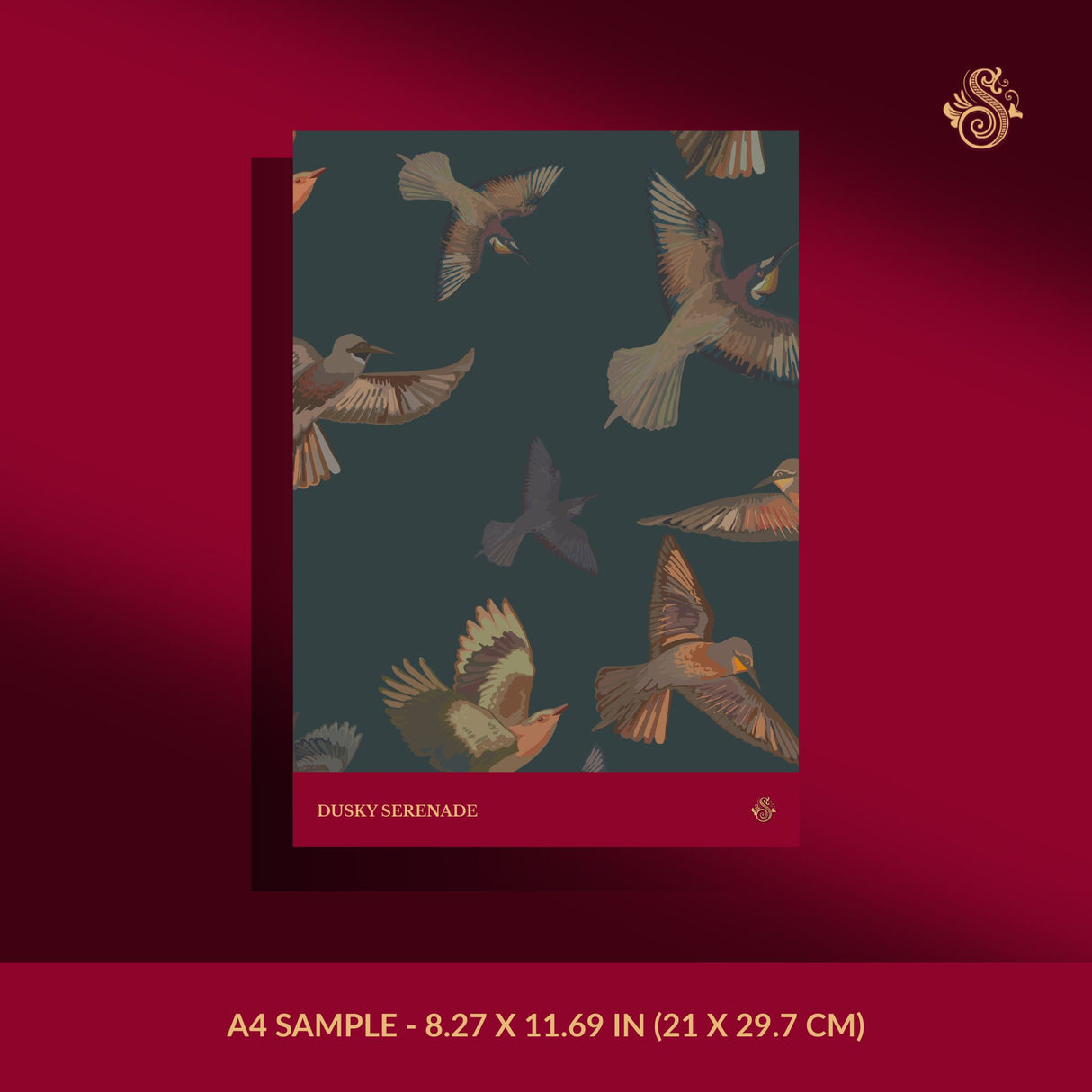 Dreamy Birds | Dark Moody Muted Whimsical Bird Wallpaper Wallpaper Sckribbles Signature - Premium Non-Woven A4 Sample - 8.27 × 11.69 in (21 × 29.7 cm) Dusky Serenade