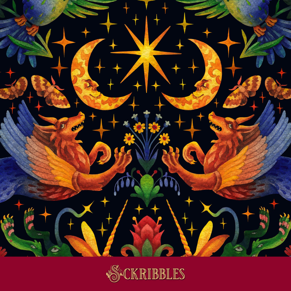 Starlit Wildings | Bright & Colorful Mythical Creatures Wallpaper Wallpaper Sckribbles Signature - Premium Non-Woven Roll - 27.5 in x 32.8 ft (70 cm × 10 m)