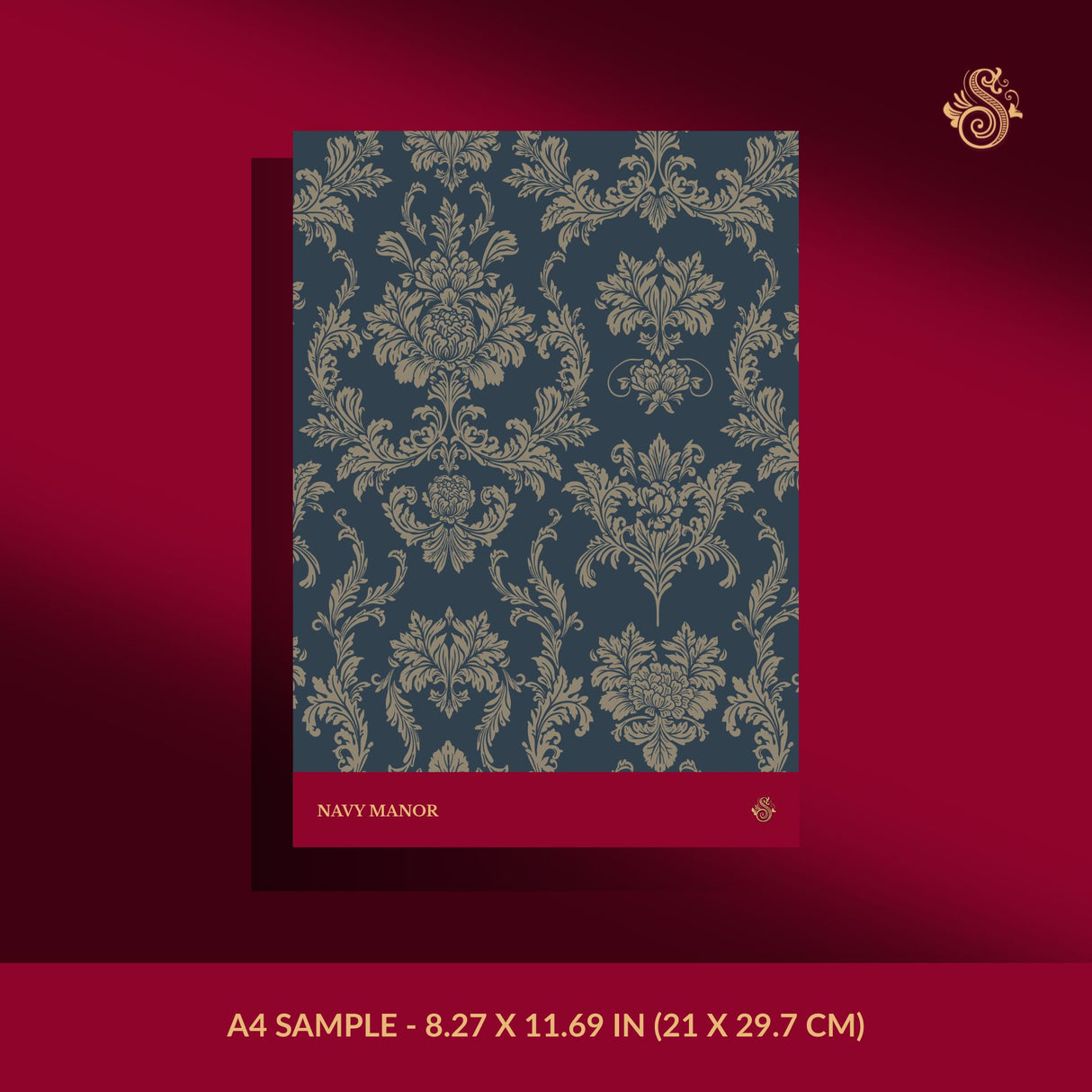 Grand Manor | Vintage Baroque European Damask Wallpaper Wallpaper Sckribbles Signature - Premium Non-Woven A4 Sample - 8.27 × 11.69 in (21 × 29.7 cm) Navy Manor