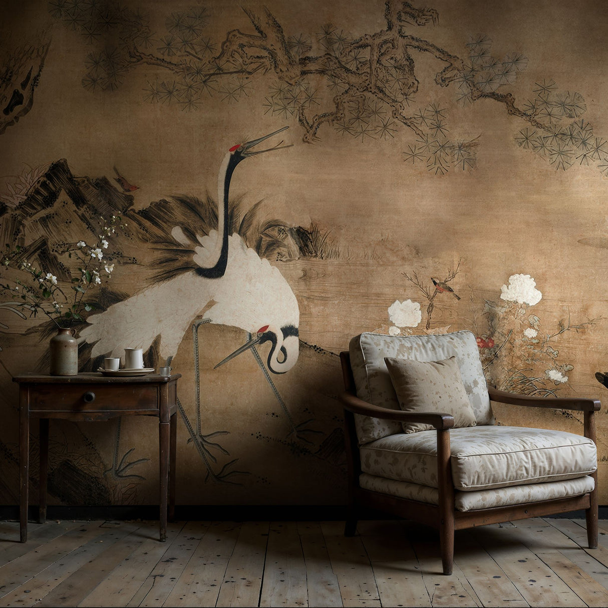 Gruidae Garden | Vintage Antique Japanese Cranes Wallpaper Mural Wallpaper Mural Sckribbles