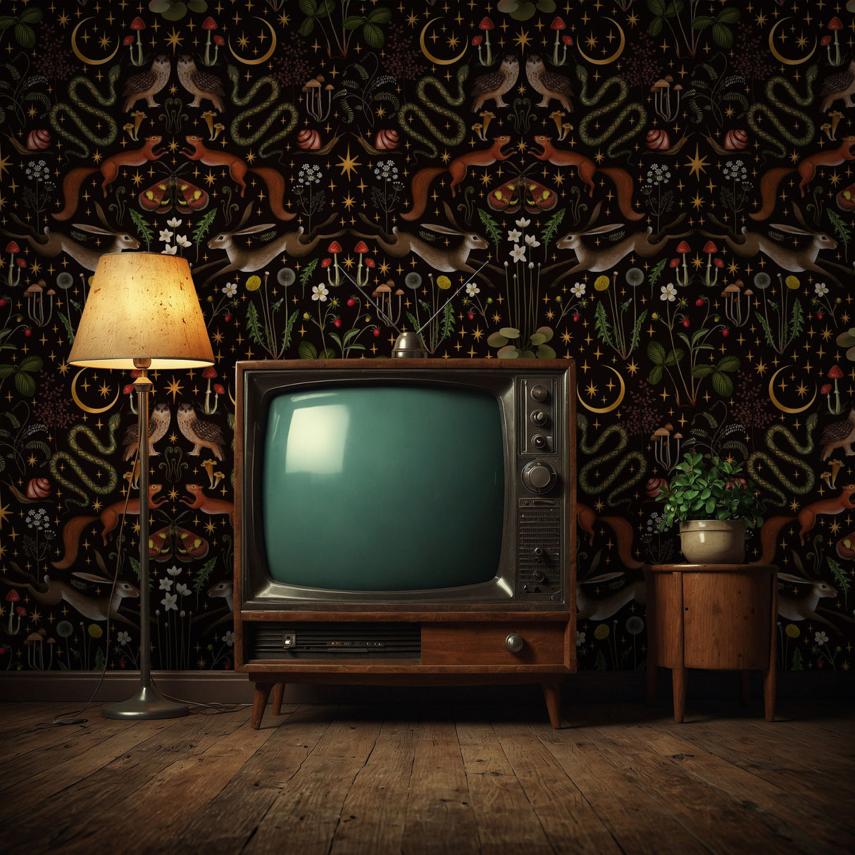 Mystic Forest | Dark Moody Whimsical Woodland Animal Wallpaper Wallpaper Sckribbles