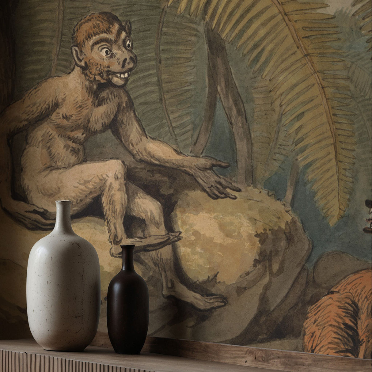 Monkey & Fox | Vintage Muted Rustic Tropical Animal Wallpaper Mural Wallpaper Mural Sckribbles