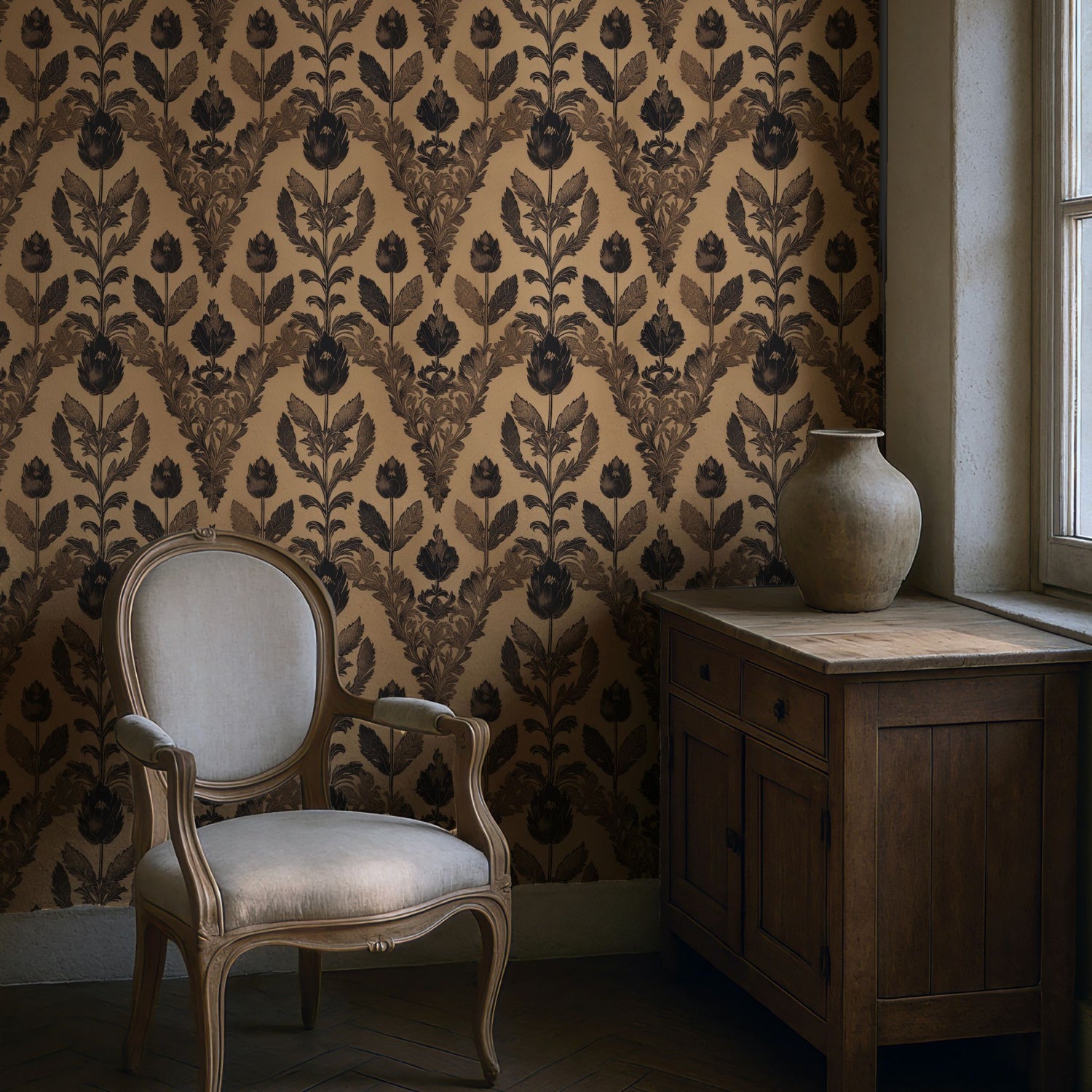 Antique Floral | Neutral Vintage Botanical Damask Wallpaper Wallpaper Sckribbles