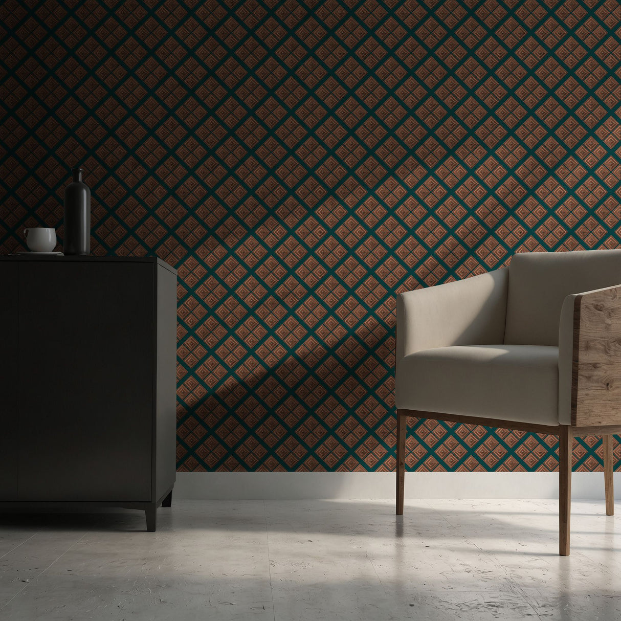 Illusory Luxe | Green & Bright Orange Geometrical Art Deco Wallpaper Wallpaper Sckribbles