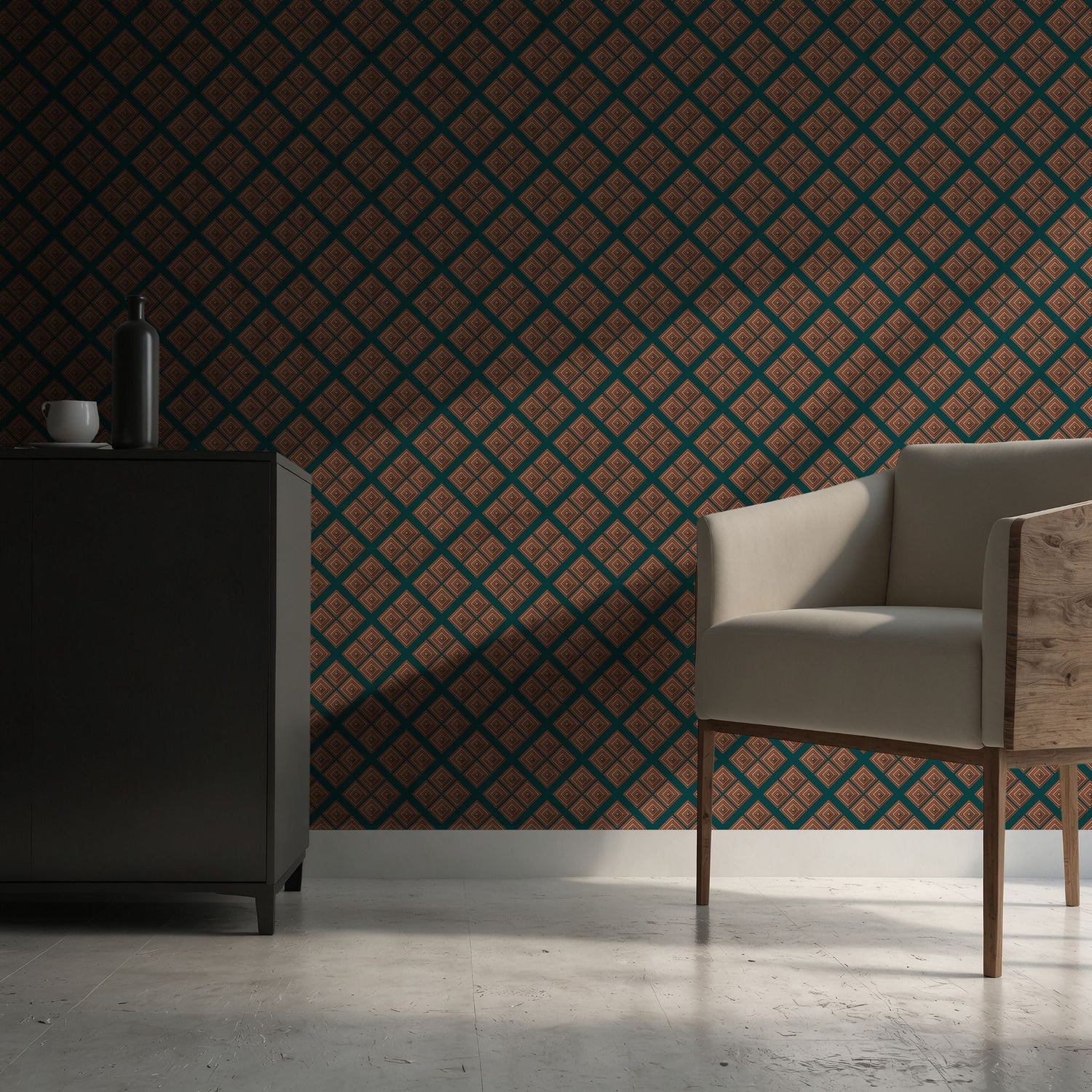 Illusory Luxe | Green & Bright Orange Geometrical Art Deco Wallpaper Wallpaper Sckribbles