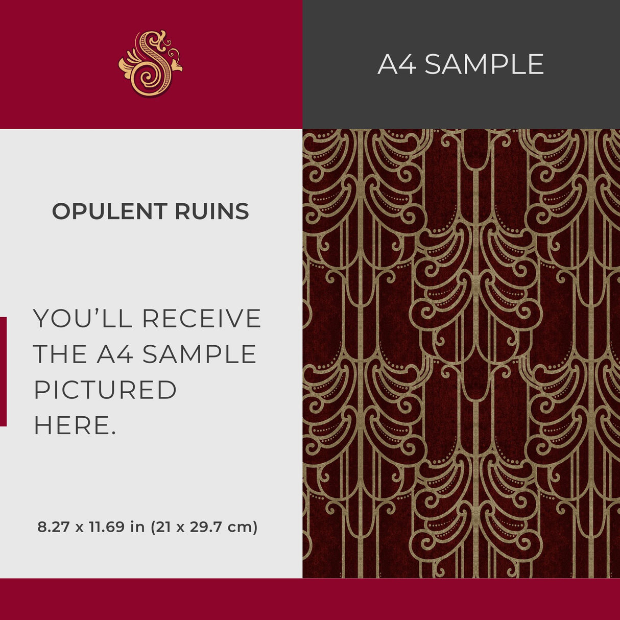 Gritty Luxe | Luxurious Decadent Moody Art Nouveau Wallpaper Wallpaper Sckribbles Signature - Premium Non-Woven A4 Sample - 8.3 × 11.7 in (21 × 29.7 cm) Opulent Ruins