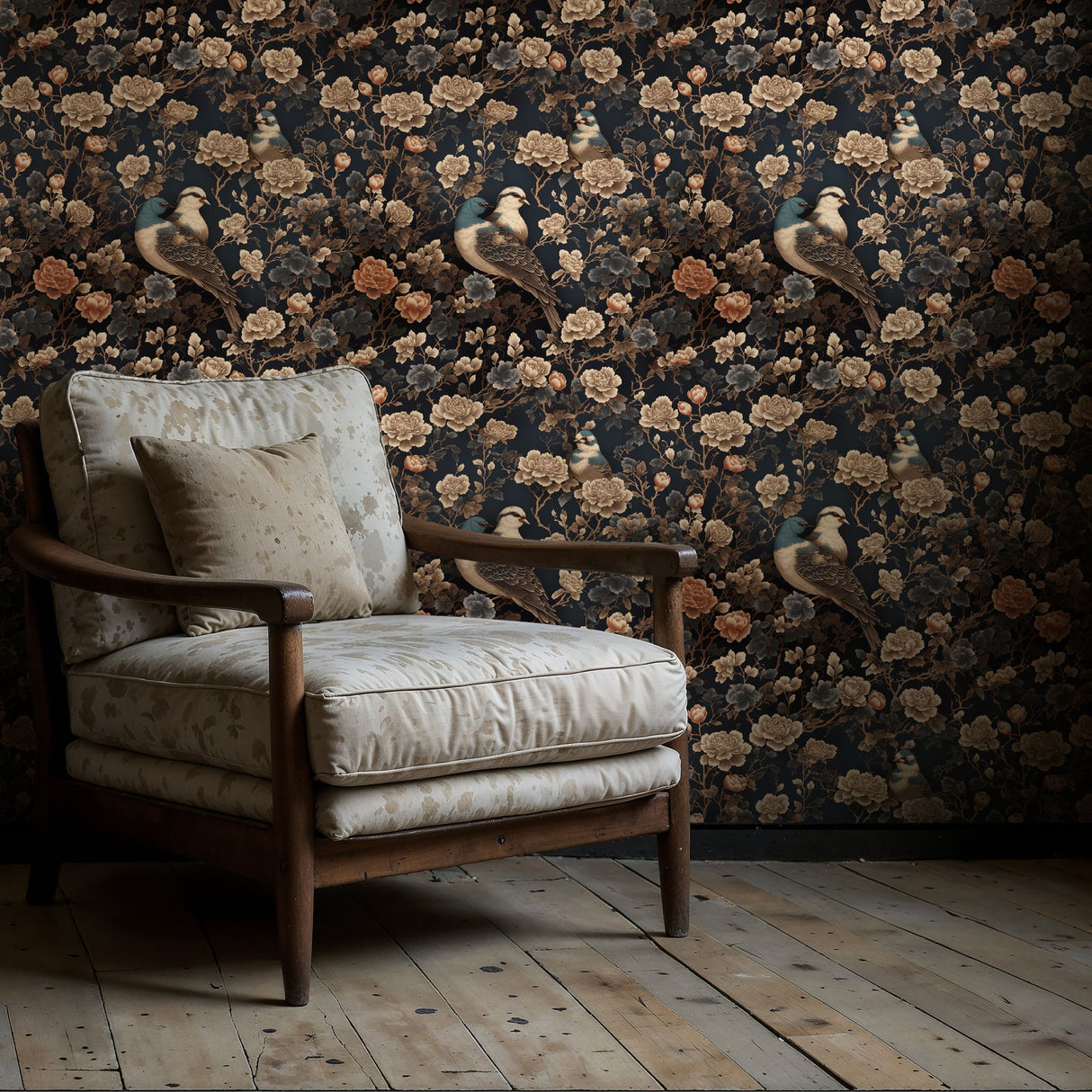 Oriental Flight | Dark Floral Bird Chinoiserie Wallpaper Wallpaper Sckribbles
