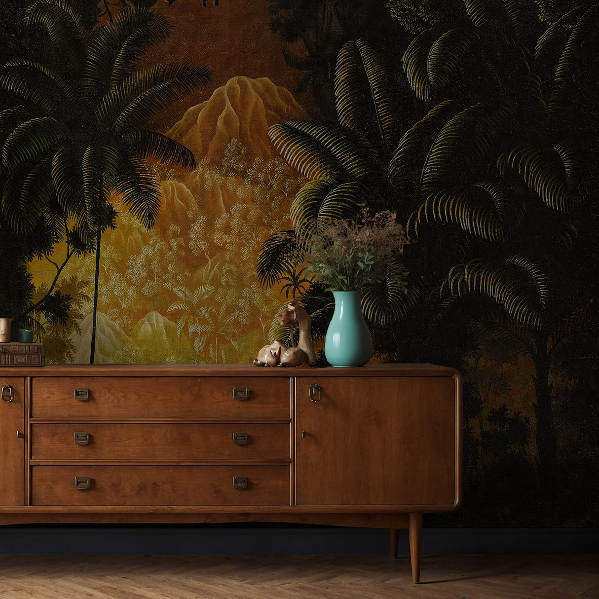 Midnight Canopy | Moody Dramatic Tropical Palm Tree Wallpaper Mural Wallpaper Mural Sckribbles