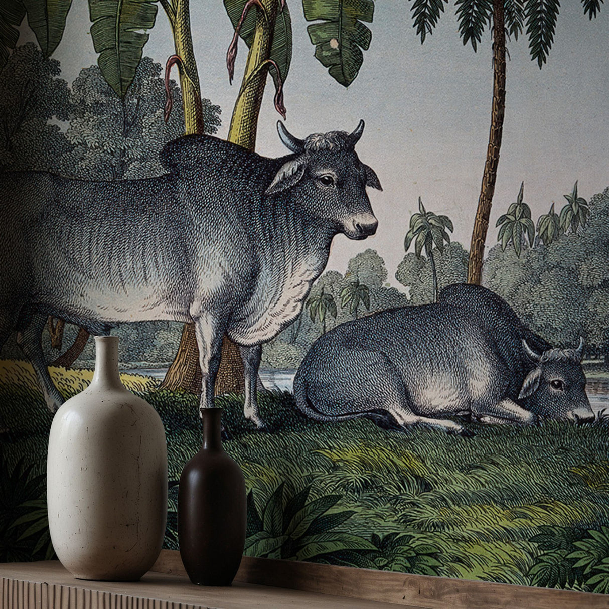 Zebu | Scenic Tropical Palm Trees with Cattle Wallpaper Mural Wallpaper Mural Sckribbles