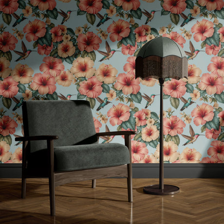 Whimsy & Bloom | Tropical Pastel Hibiscus & Hummingbird Nursery Wallpaper Wallpaper Sckribbles