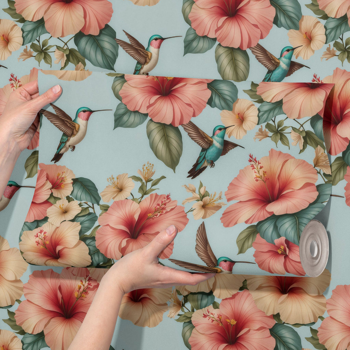 Whimsy & Bloom | Tropical Pastel Hibiscus & Hummingbird Nursery Wallpaper Wallpaper Sckribbles