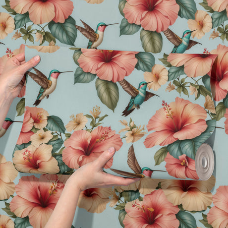Whimsy & Bloom | Tropical Pastel Hibiscus & Hummingbird Nursery Wallpaper Wallpaper Sckribbles