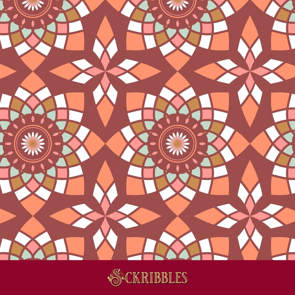 Peach and maroon geometrical tiled wallpaper.