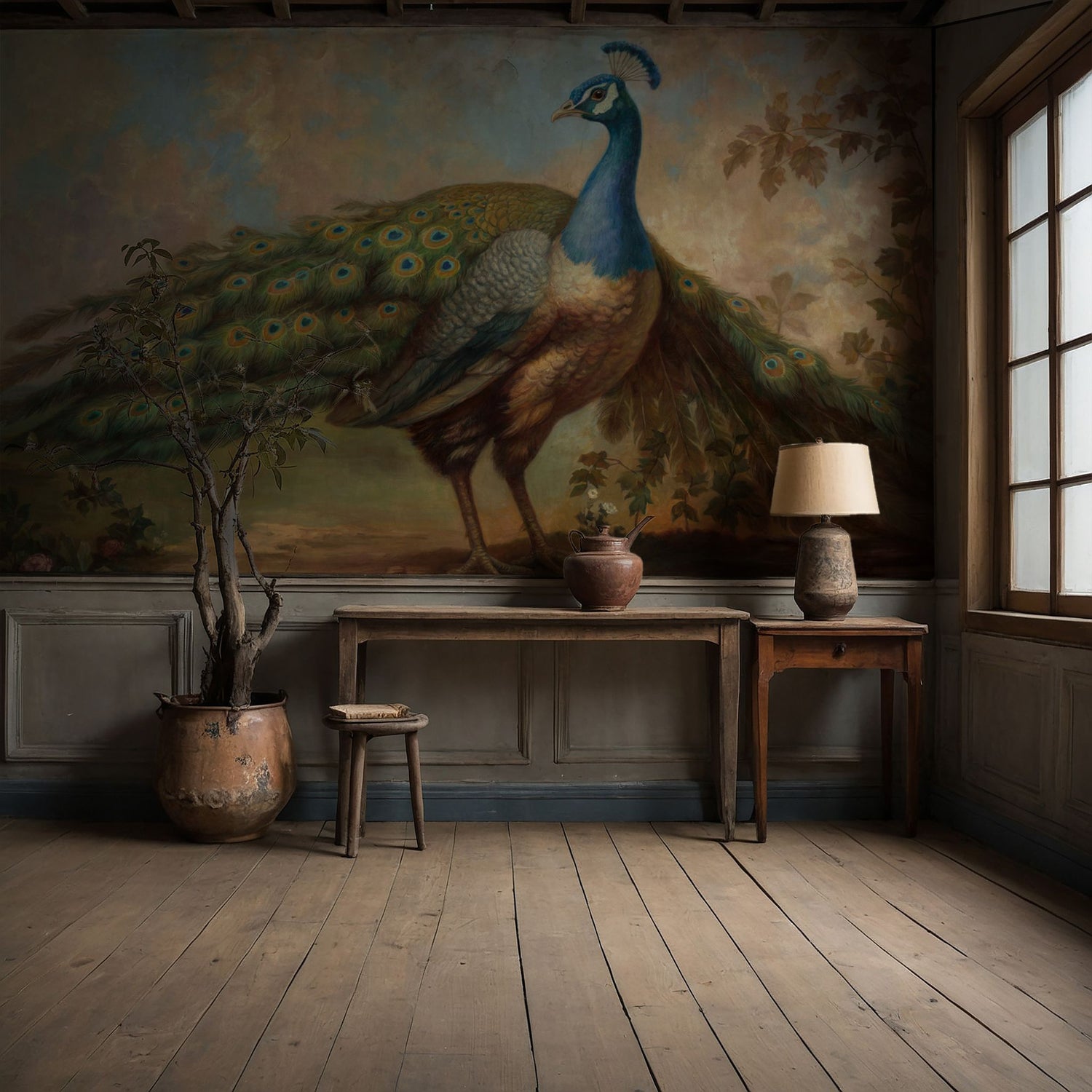 Grand Plumage | Scenic Peacock Vintage Landscape Wallpaper Mural Wallpaper Mural Sckribbles