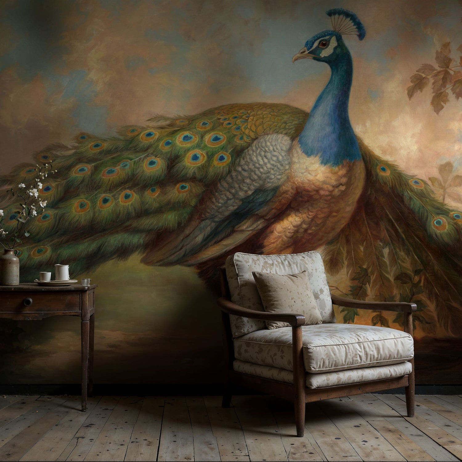 Grand Plumage | Scenic Peacock Vintage Landscape Wallpaper Mural Wallpaper Mural Sckribbles