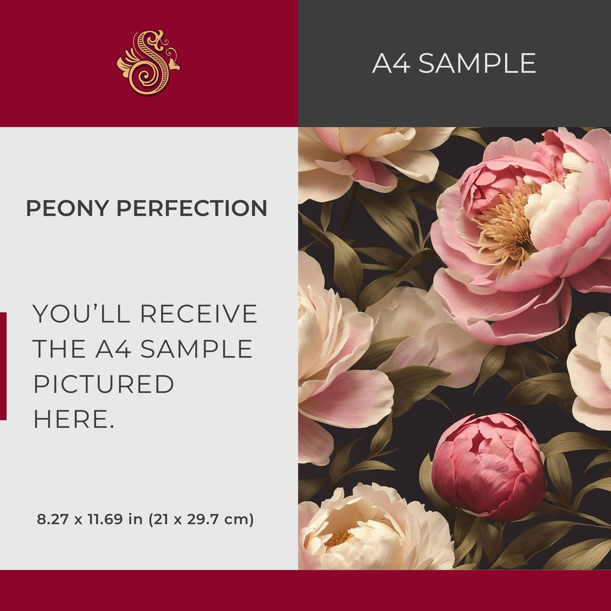 Peony Perfection | Floral Pink & Cream Flower Wallpaper Wallpaper Sckribbles Signature - Premium Non-Woven A4 Sample - 8.3 × 11.7 in (21 × 29.7 cm)