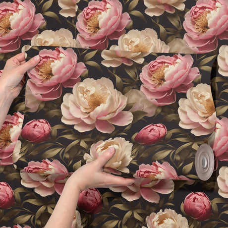 Peony Perfection | Floral Pink & Cream Flower Wallpaper Wallpaper Sckribbles
