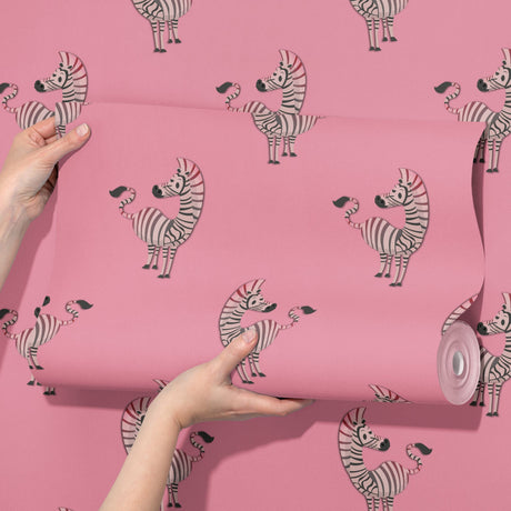 Stripey Giggles | Cute Pink Girl's Room Zebra Wallpaper Wallpaper Sckribbles