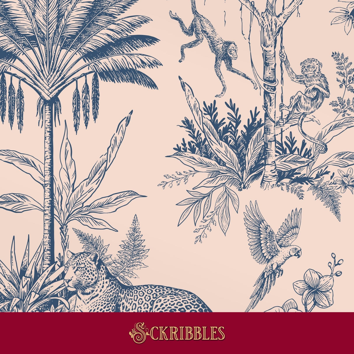 A blue vintage-style botanical and animal wallpaper on a pink background, featuring palm trees, monkeys, a leopard, a parrot, and flowers.