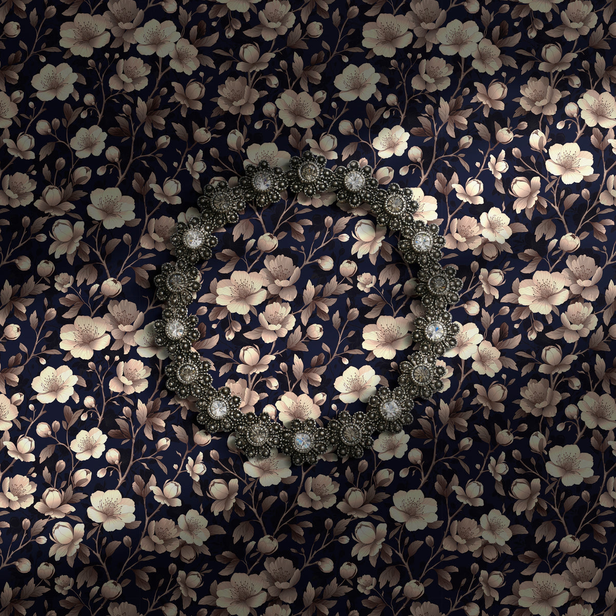Pink cherry blossom wallpaper on a dark blue background.