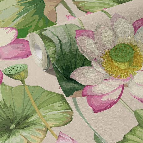 Aqua Garden | Feminine Green & Pink Water Lily Wallpaper Wallpaper Sckribbles
