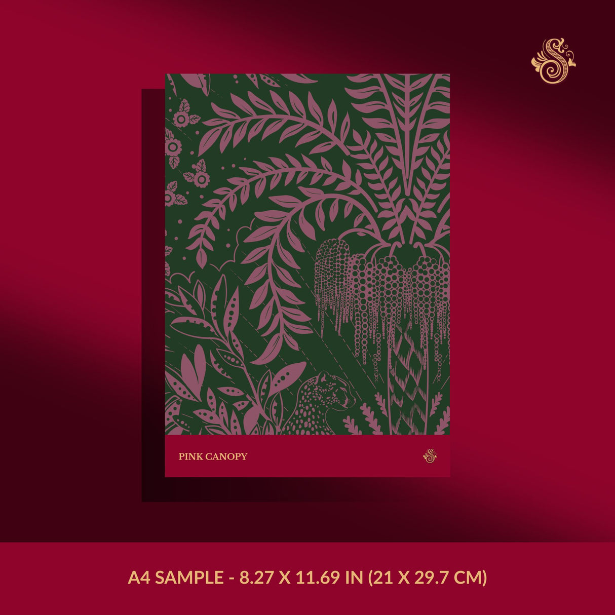 Leopard's Lair | Tropical Palm Tree Jungle Wallpaper Wallpaper Sckribbles Signature - Premium Non-Woven A4 Sample - 8.27 × 11.69 in (21 × 29.7 cm) Pink Canopy
