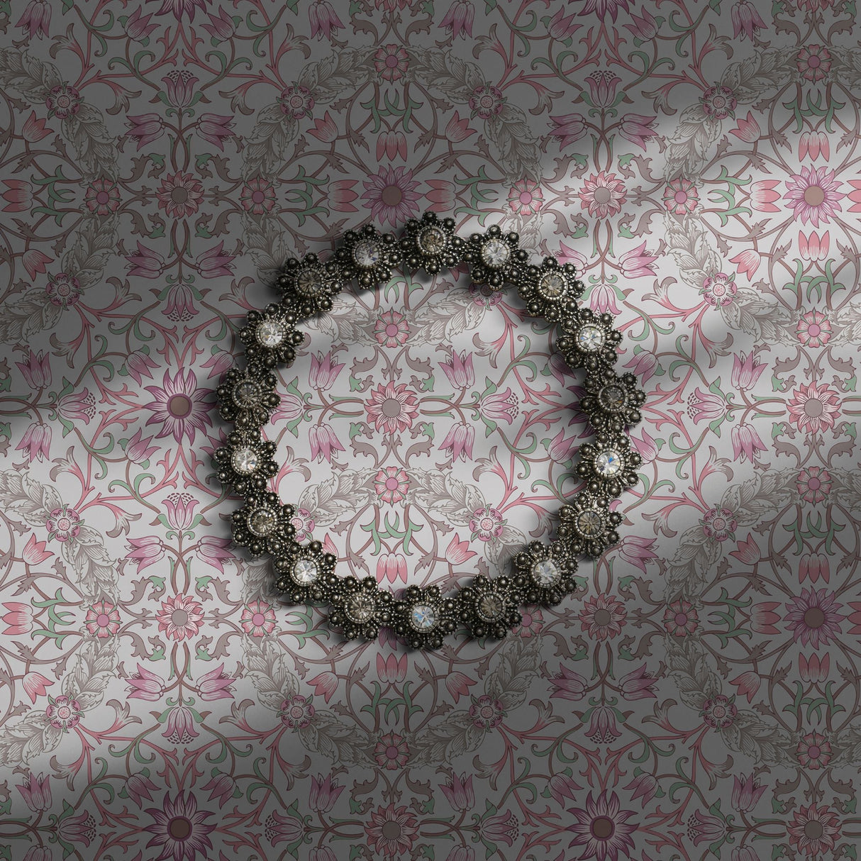 Pink and grey William Morris Ceiling wallpaper in geometrical florals.
