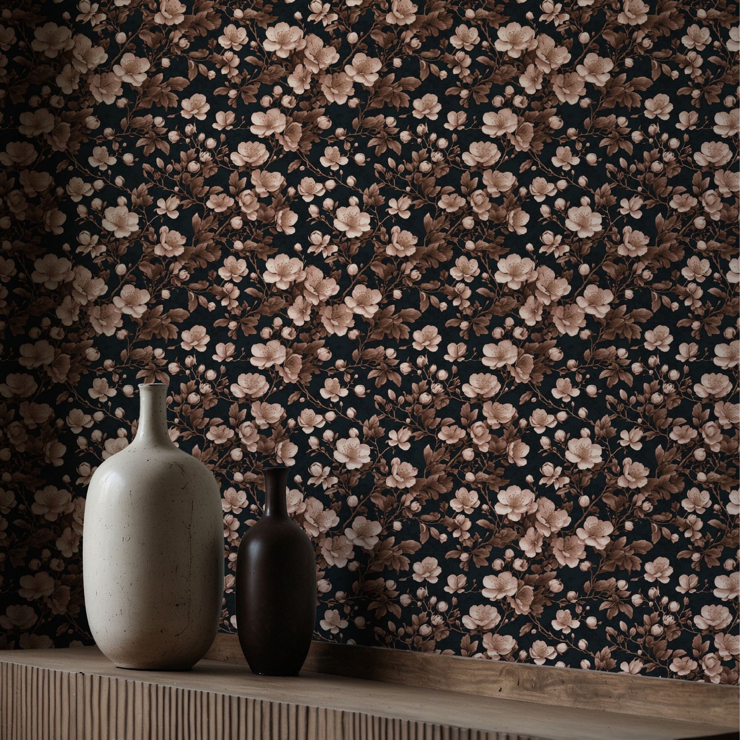 Sweet Blooms | Pink & Black Chinoiserie Cherry Blossom Wallpaper Wallpaper Sckribbles