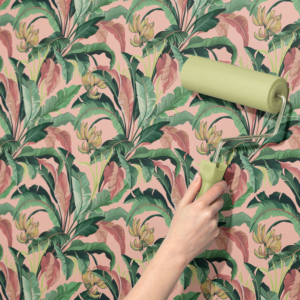 Tropical Delight | Pink and Green Banana Leaves Jungle Wallpaper Wallpaper Sckribbles