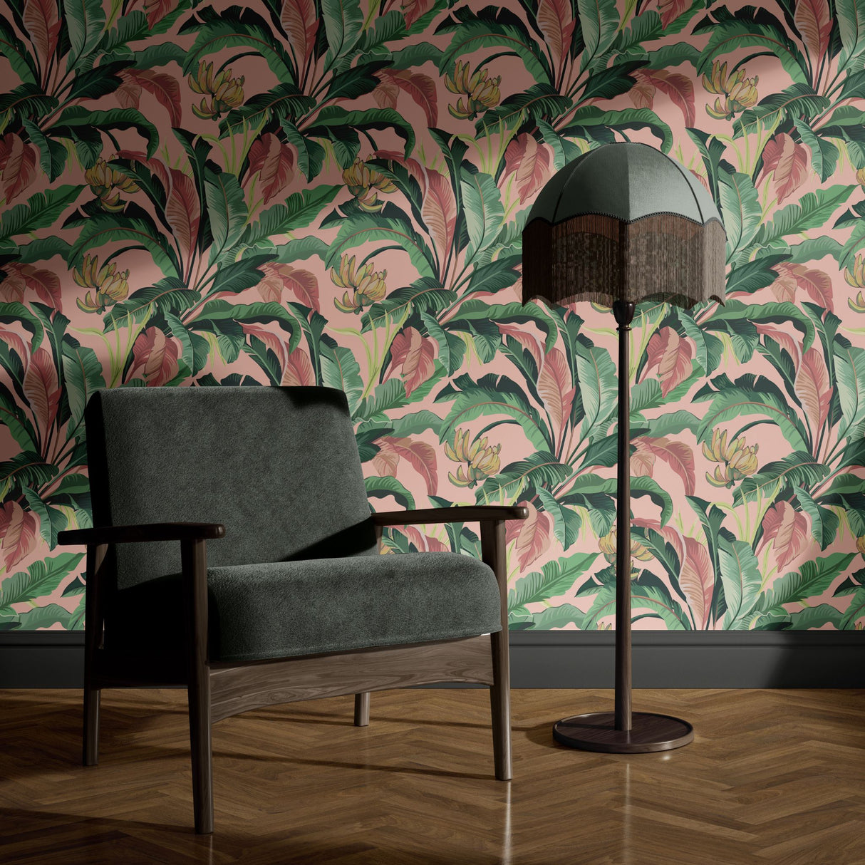 Tropical Delight | Pink and Green Banana Leaves Jungle Wallpaper Wallpaper Sckribbles