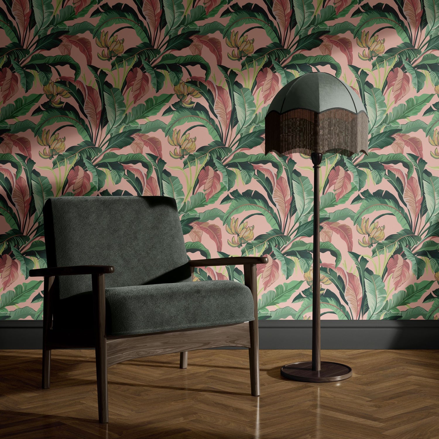 Tropical Delight | Pink and Green Banana Leaves Jungle Wallpaper Wallpaper Sckribbles