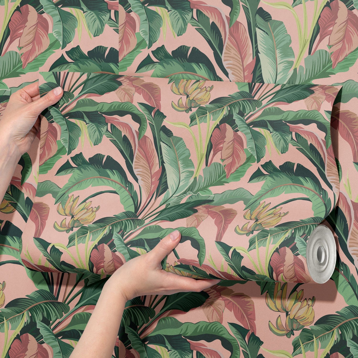 Tropical Delight | Pink and Green Banana Leaves Jungle Wallpaper Wallpaper Sckribbles