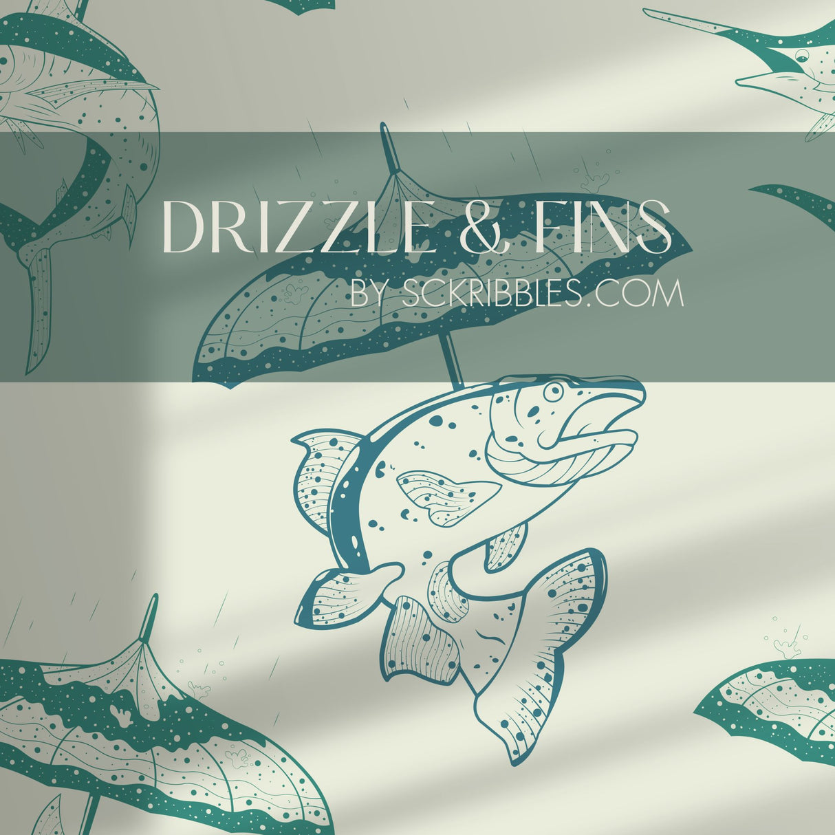 Drizzle & Fins | Fun Playful Fish with Umbrellas Vintage Wallpaper Wallpaper Sckribbles