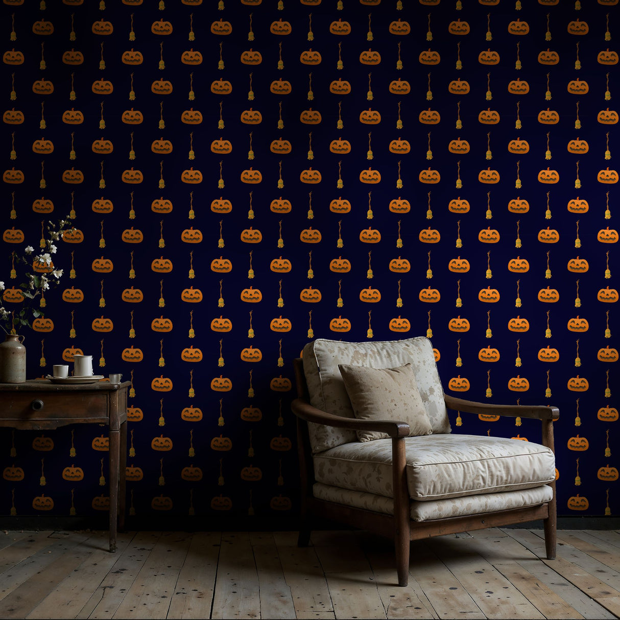 The Witch's Crop | Dark Spooky Pumpkin & Broomstick Halloween Wallpaper Wallpaper Sckribbles