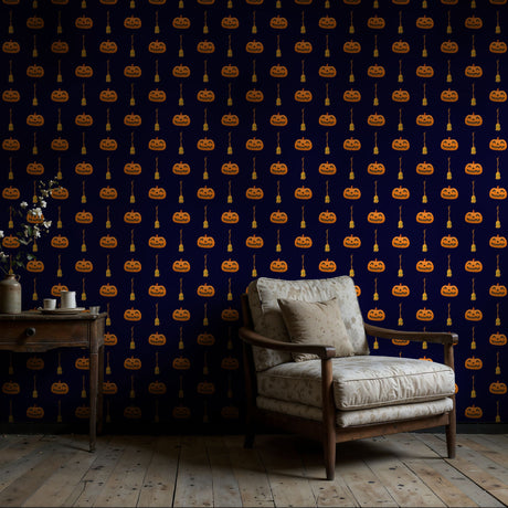 The Witch's Crop | Dark Spooky Pumpkin & Broomstick Halloween Wallpaper Wallpaper Sckribbles