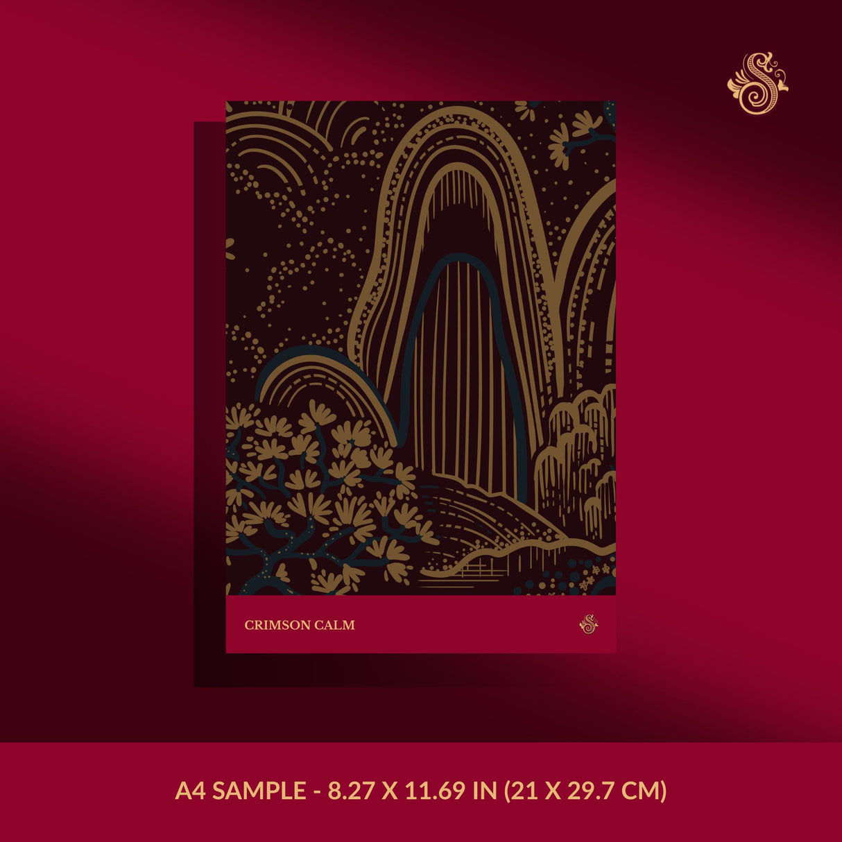 Serene Ascend | Moody Botanical Scenic Asian Wallpaper Wallpaper Sckribbles Signature - Premium Non-Woven A4 Sample - 8.27 × 11.69 in (21 × 29.7 cm) Crimson Calm