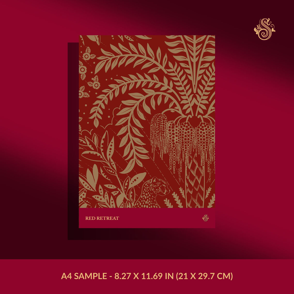 Leopard's Lair | Tropical Palm Tree Jungle Wallpaper Wallpaper Sckribbles Signature - Premium Non-Woven A4 Sample - 8.27 × 11.69 in (21 × 29.7 cm) Red Retreat