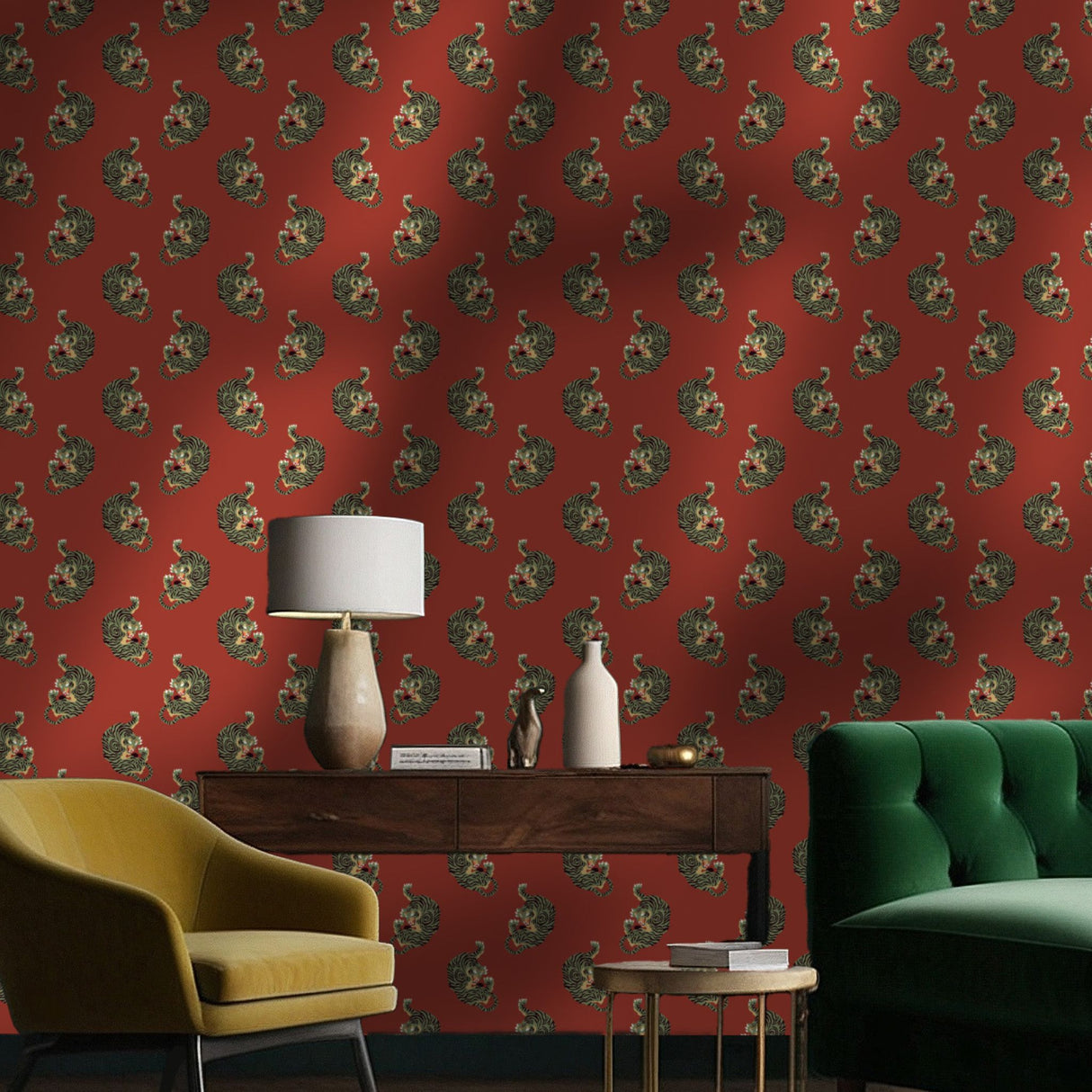 Wild Blaze | Bright Red & Green Maximalist Tiger Wallpaper Wallpaper Sckribbles