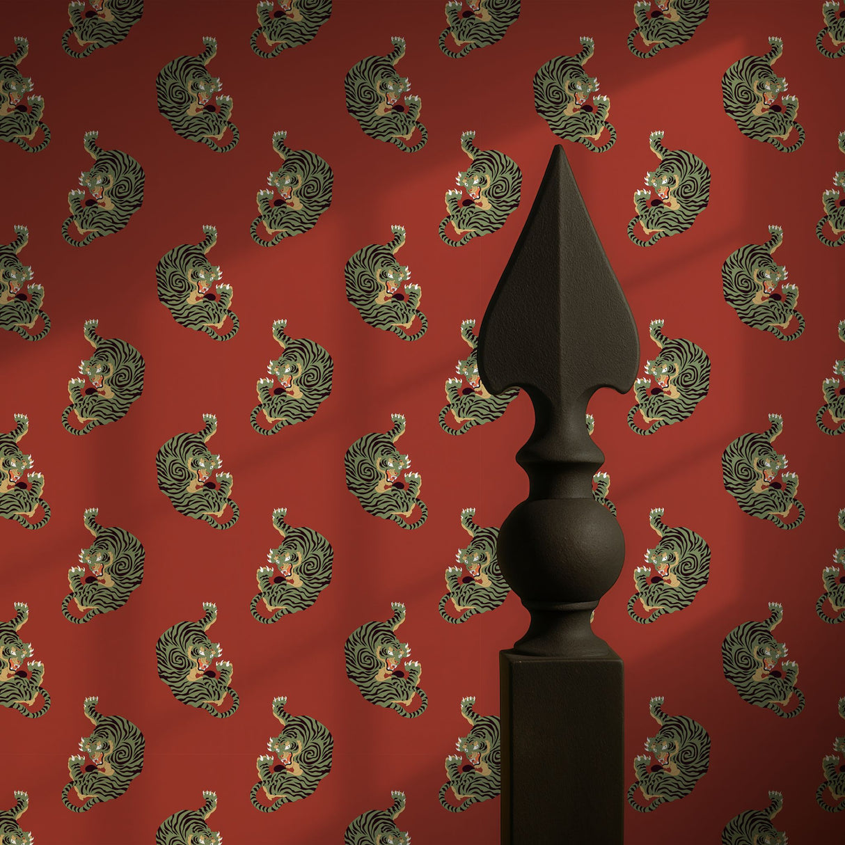 Wild Blaze | Bright Red & Green Maximalist Tiger Wallpaper Wallpaper Sckribbles