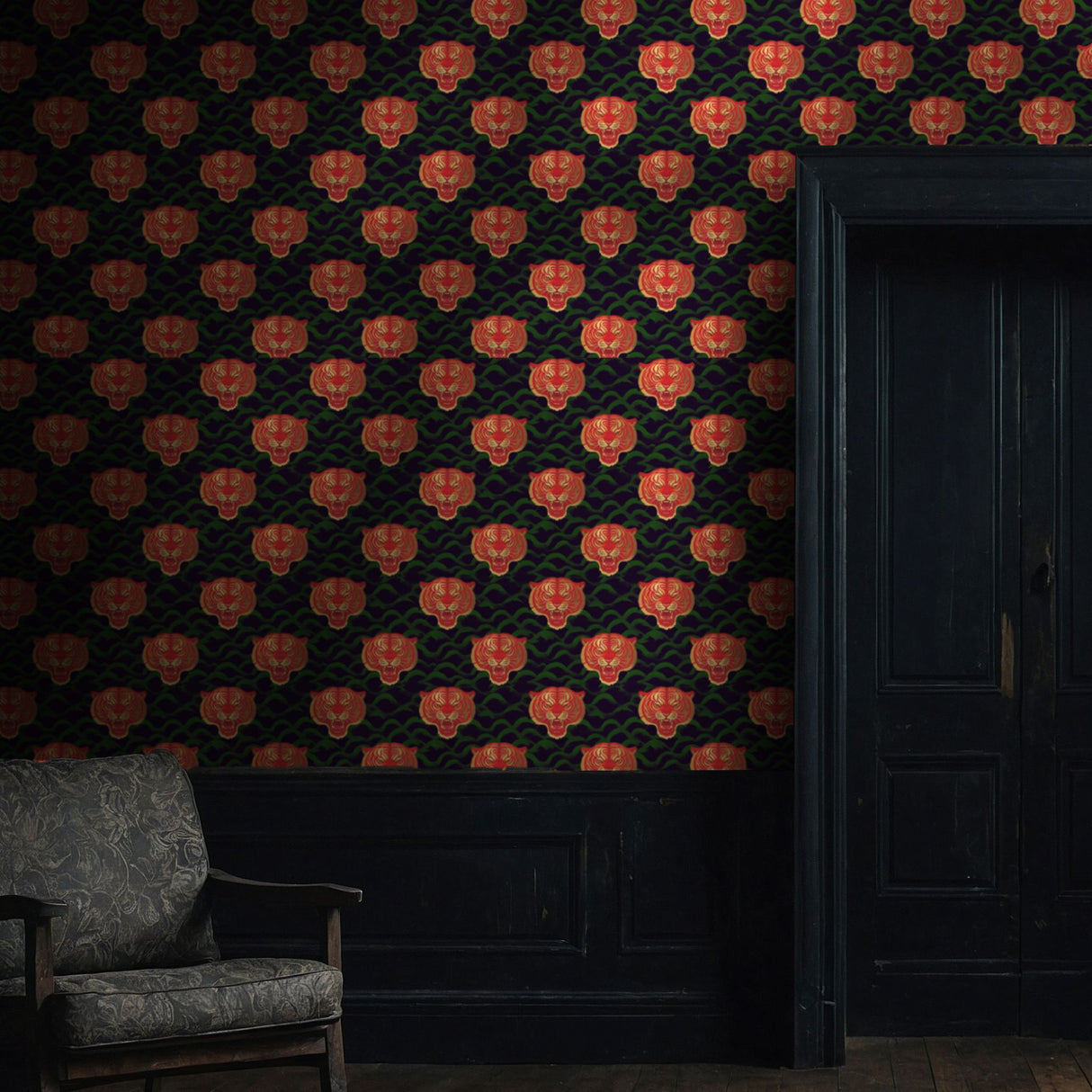 Regal Roar | Bright Colorful Asian Tiger Maximalist Wallpaper Wallpaper Sckribbles