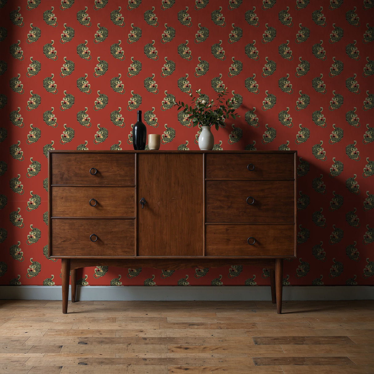 Wild Blaze | Bright Red & Green Maximalist Tiger Wallpaper Wallpaper Sckribbles