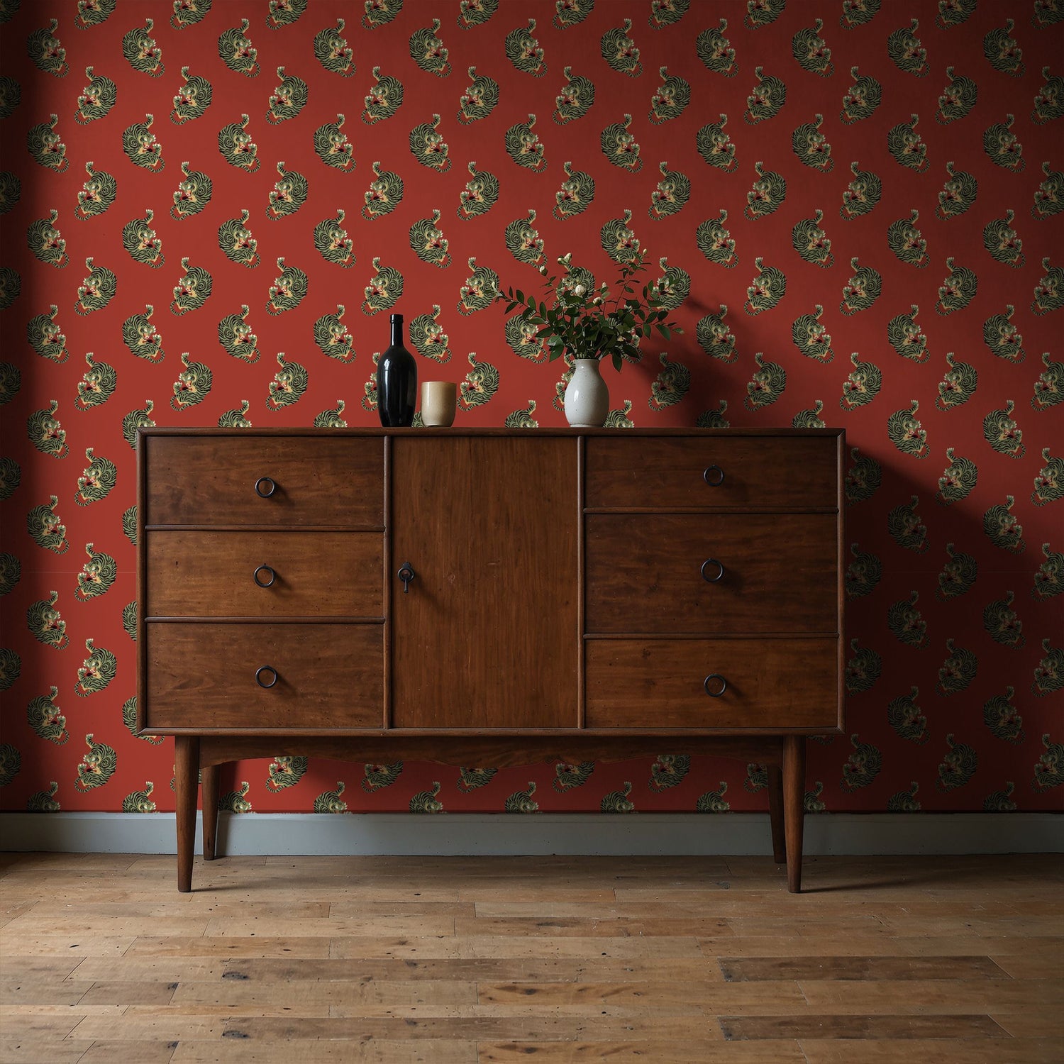 Wild Blaze | Bright Red & Green Maximalist Tiger Wallpaper Wallpaper Sckribbles